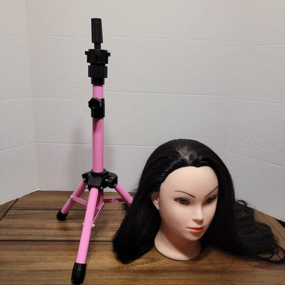 Female Cosmetology Training Head w/ Pink Tripod Stand - Picture 3 of 8